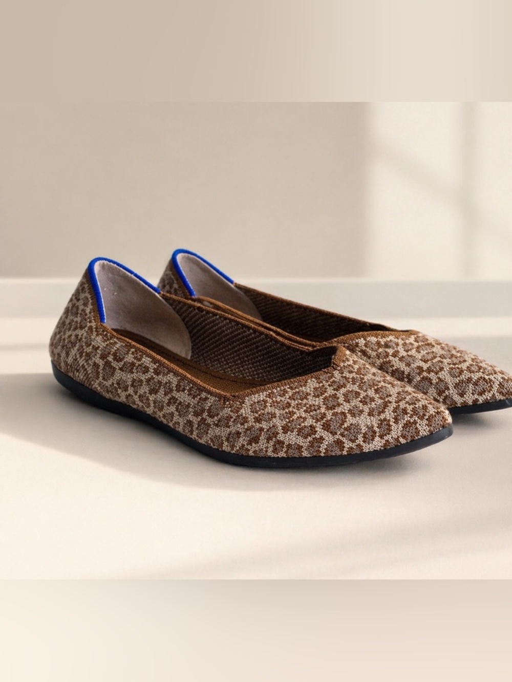 Rothy’s The Point Leopard Knit Flats Brown Animal Print Size W6 Washable  Chic